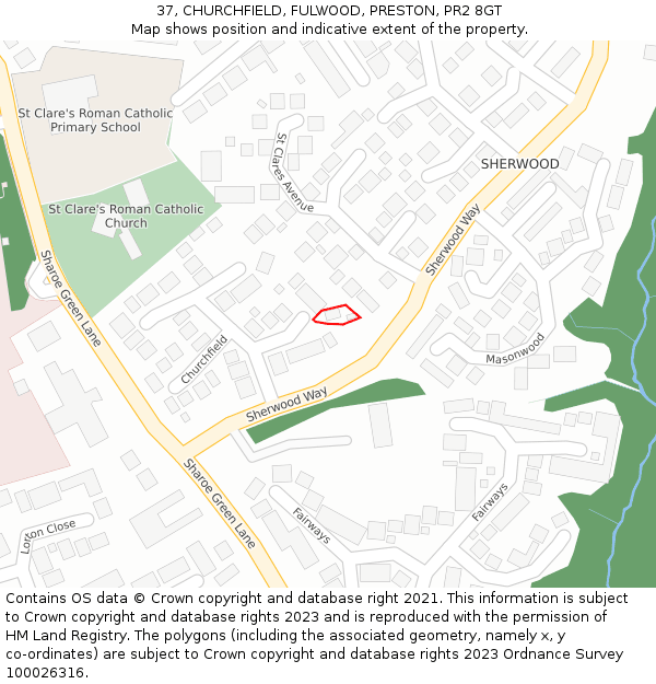 37, CHURCHFIELD, FULWOOD, PRESTON, PR2 8GT: Location map and indicative extent of plot