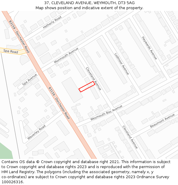 37, CLEVELAND AVENUE, WEYMOUTH, DT3 5AG: Location map and indicative extent of plot