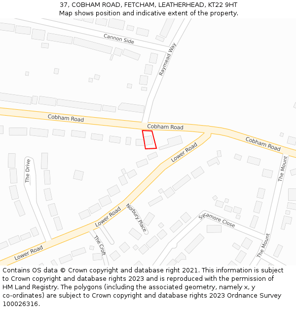 37, COBHAM ROAD, FETCHAM, LEATHERHEAD, KT22 9HT: Location map and indicative extent of plot