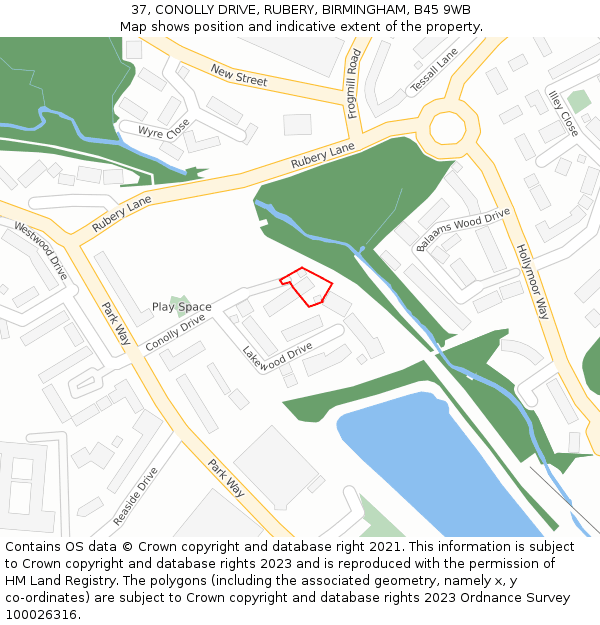 37, CONOLLY DRIVE, RUBERY, BIRMINGHAM, B45 9WB: Location map and indicative extent of plot