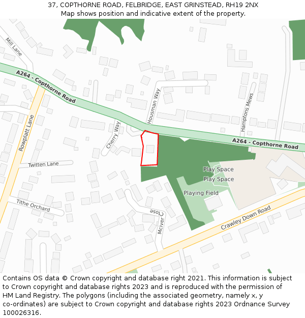 37, COPTHORNE ROAD, FELBRIDGE, EAST GRINSTEAD, RH19 2NX: Location map and indicative extent of plot