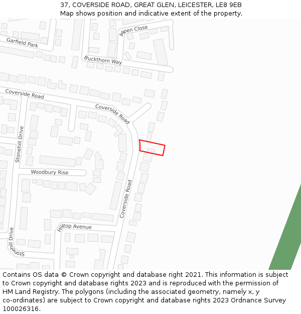 37, COVERSIDE ROAD, GREAT GLEN, LEICESTER, LE8 9EB: Location map and indicative extent of plot