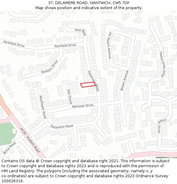 37, DELAMERE ROAD, NANTWICH, CW5 7DF: Location map and indicative extent of plot