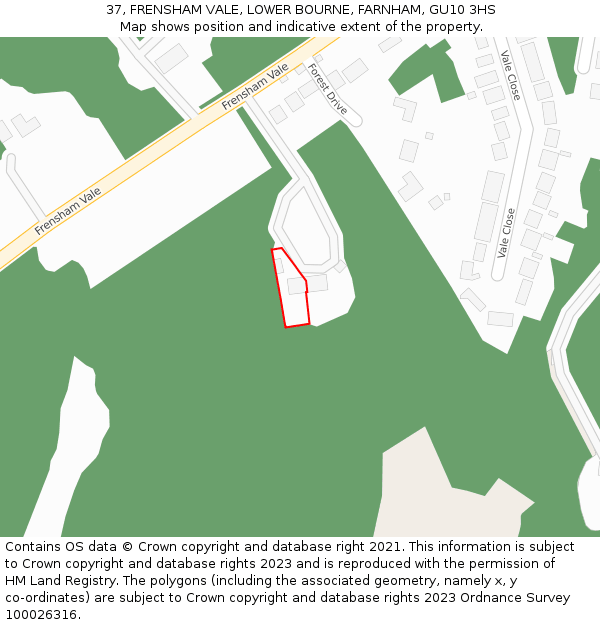 37, FRENSHAM VALE, LOWER BOURNE, FARNHAM, GU10 3HS: Location map and indicative extent of plot