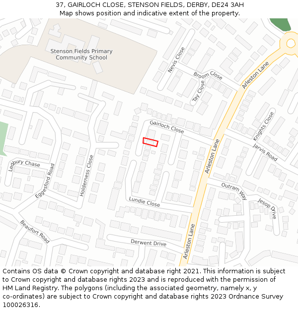 37, GAIRLOCH CLOSE, STENSON FIELDS, DERBY, DE24 3AH: Location map and indicative extent of plot