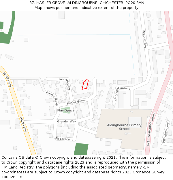 37, HASLER GROVE, ALDINGBOURNE, CHICHESTER, PO20 3AN: Location map and indicative extent of plot