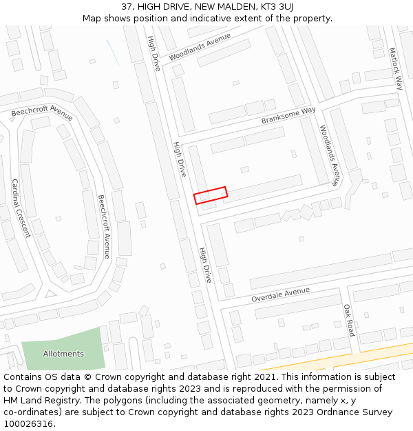 37, HIGH DRIVE, NEW MALDEN, KT3 3UJ: Location map and indicative extent of plot