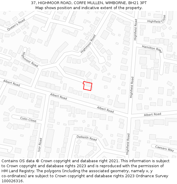 37, HIGHMOOR ROAD, CORFE MULLEN, WIMBORNE, BH21 3PT: Location map and indicative extent of plot