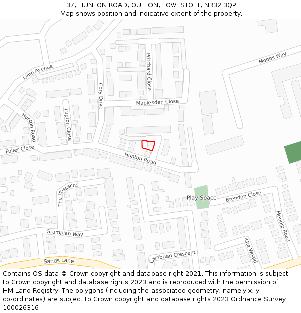 37, HUNTON ROAD, OULTON, LOWESTOFT, NR32 3QP: Location map and indicative extent of plot