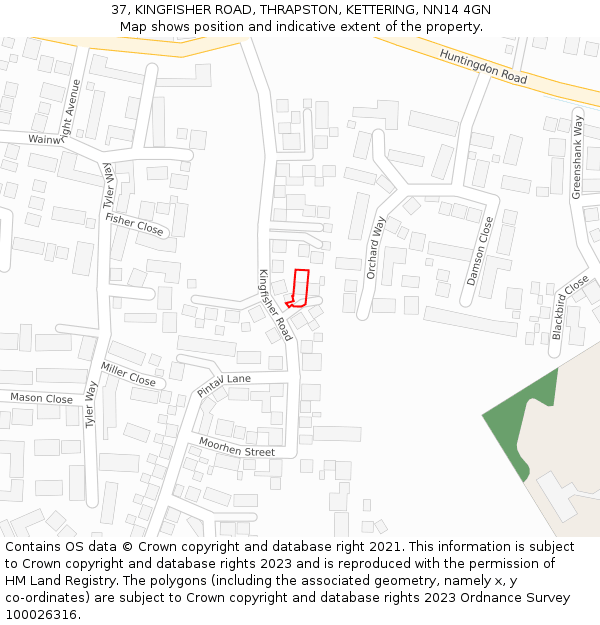 37, KINGFISHER ROAD, THRAPSTON, KETTERING, NN14 4GN: Location map and indicative extent of plot