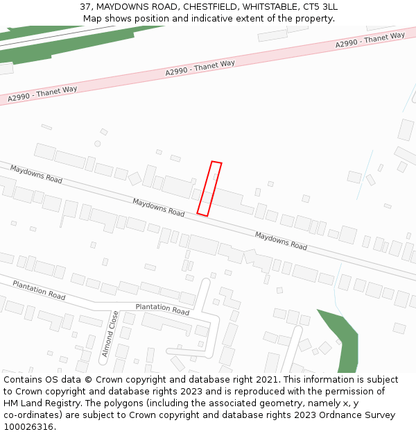 37, MAYDOWNS ROAD, CHESTFIELD, WHITSTABLE, CT5 3LL: Location map and indicative extent of plot