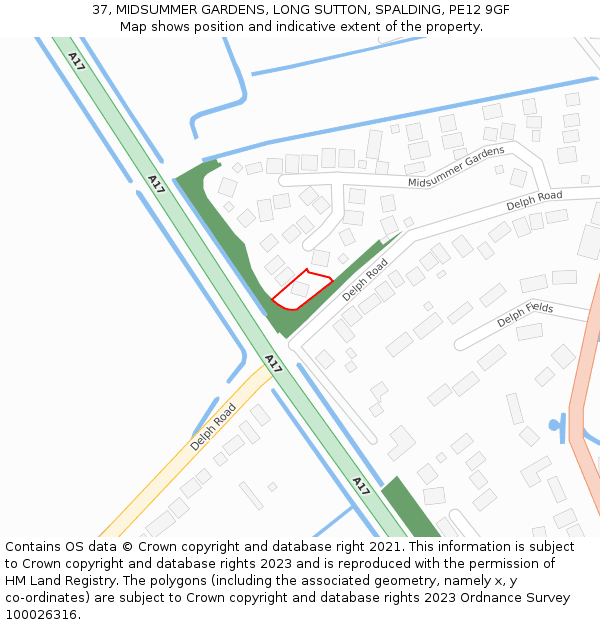 37, MIDSUMMER GARDENS, LONG SUTTON, SPALDING, PE12 9GF: Location map and indicative extent of plot