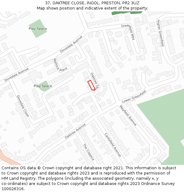 37, OAKTREE CLOSE, INGOL, PRESTON, PR2 3UZ: Location map and indicative extent of plot