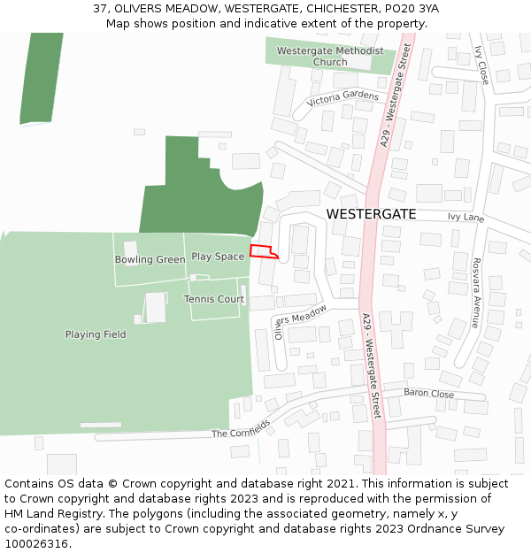 37, OLIVERS MEADOW, WESTERGATE, CHICHESTER, PO20 3YA: Location map and indicative extent of plot