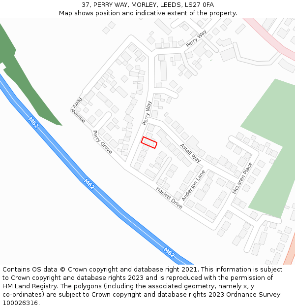 37, PERRY WAY, MORLEY, LEEDS, LS27 0FA: Location map and indicative extent of plot