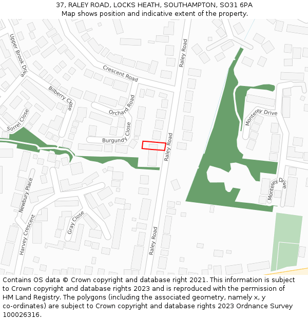 37, RALEY ROAD, LOCKS HEATH, SOUTHAMPTON, SO31 6PA: Location map and indicative extent of plot