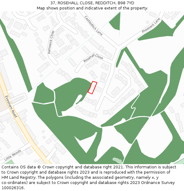 37, ROSEHALL CLOSE, REDDITCH, B98 7YD: Location map and indicative extent of plot