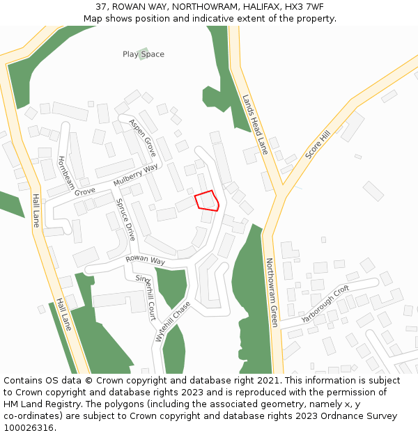 37, ROWAN WAY, NORTHOWRAM, HALIFAX, HX3 7WF: Location map and indicative extent of plot