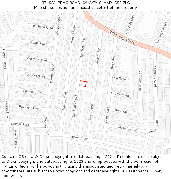 37, SAN REMO ROAD, CANVEY ISLAND, SS8 7LG: Location map and indicative extent of plot