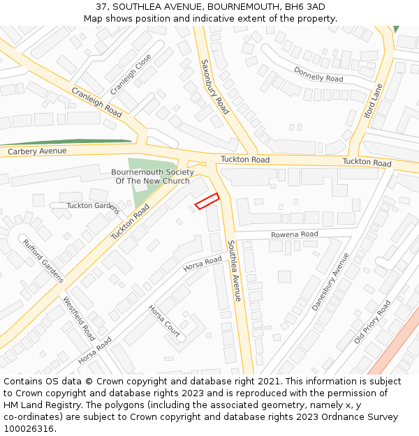 37, SOUTHLEA AVENUE, BOURNEMOUTH, BH6 3AD: Location map and indicative extent of plot