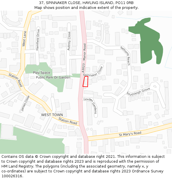 37, SPINNAKER CLOSE, HAYLING ISLAND, PO11 0RB: Location map and indicative extent of plot