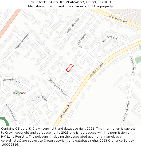 37, STONELEA COURT, MEANWOOD, LEEDS, LS7 2UH: Location map and indicative extent of plot