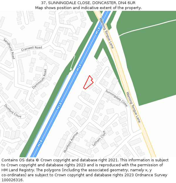 37, SUNNINGDALE CLOSE, DONCASTER, DN4 6UR: Location map and indicative extent of plot