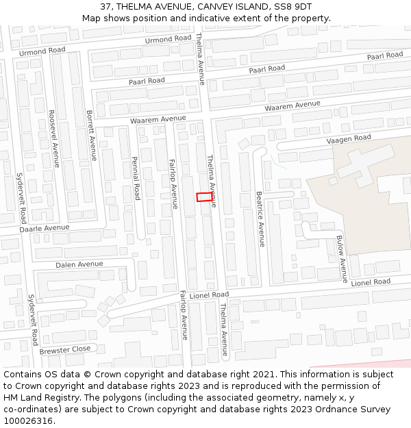 37, THELMA AVENUE, CANVEY ISLAND, SS8 9DT: Location map and indicative extent of plot