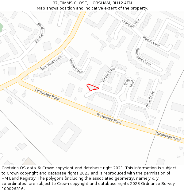 37, TIMMS CLOSE, HORSHAM, RH12 4TN: Location map and indicative extent of plot