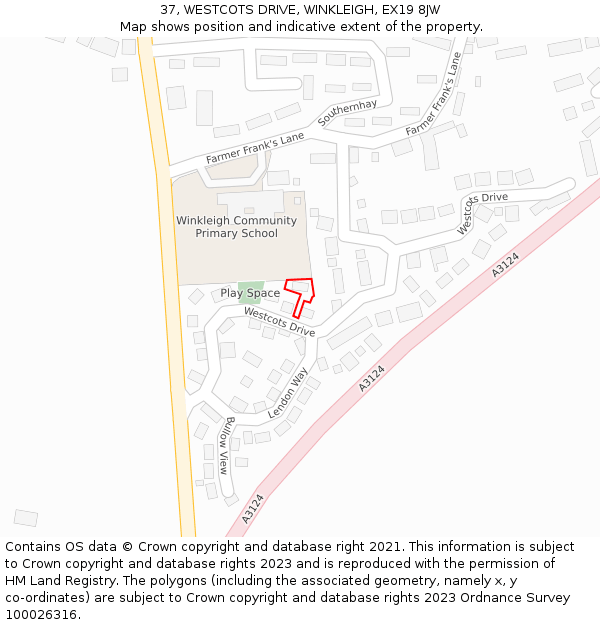 37, WESTCOTS DRIVE, WINKLEIGH, EX19 8JW: Location map and indicative extent of plot