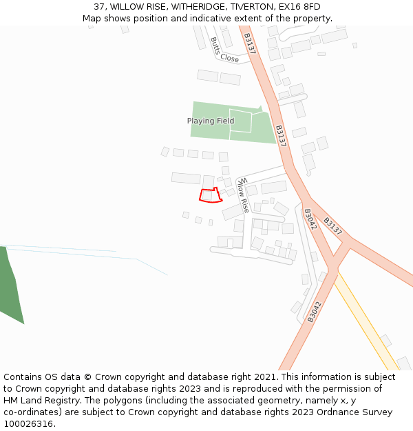 37, WILLOW RISE, WITHERIDGE, TIVERTON, EX16 8FD: Location map and indicative extent of plot