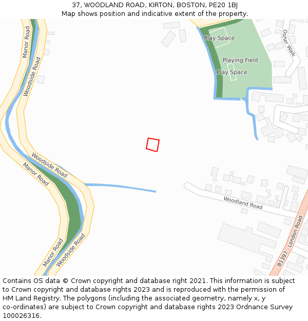 37, WOODLAND ROAD, KIRTON, BOSTON, PE20 1BJ: Location map and indicative extent of plot