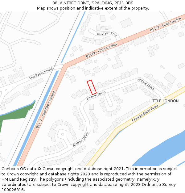 38, AINTREE DRIVE, SPALDING, PE11 3BS: Location map and indicative extent of plot