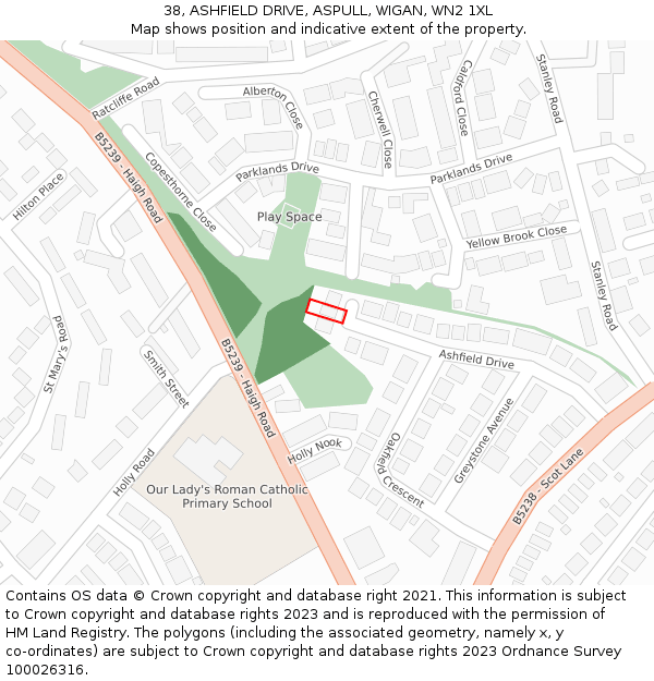 38, ASHFIELD DRIVE, ASPULL, WIGAN, WN2 1XL: Location map and indicative extent of plot