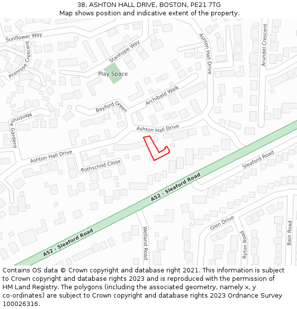 38, ASHTON HALL DRIVE, BOSTON, PE21 7TG: Location map and indicative extent of plot