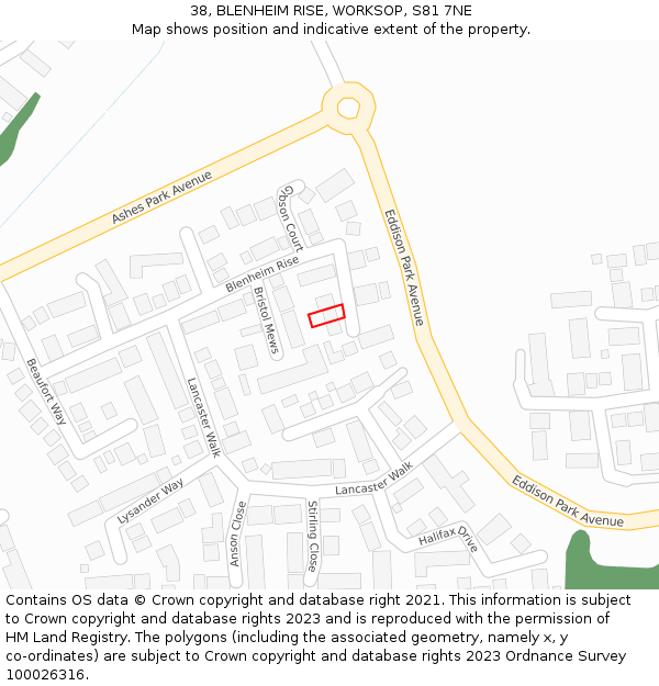 38, BLENHEIM RISE, WORKSOP, S81 7NE: Location map and indicative extent of plot