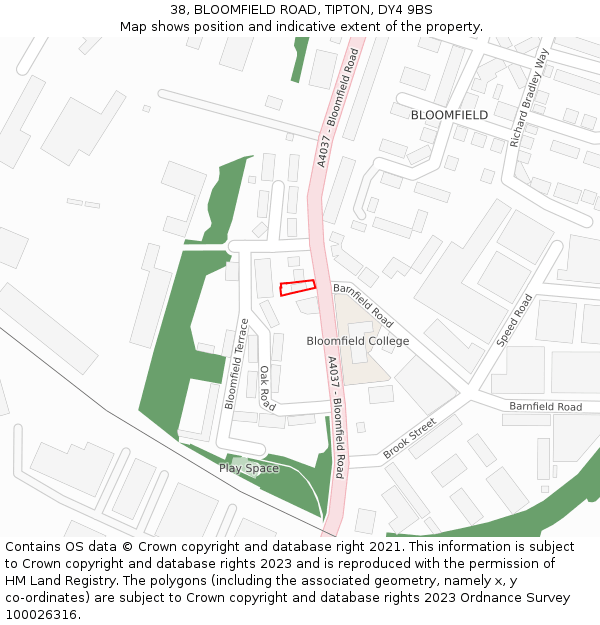 38, BLOOMFIELD ROAD, TIPTON, DY4 9BS: Location map and indicative extent of plot