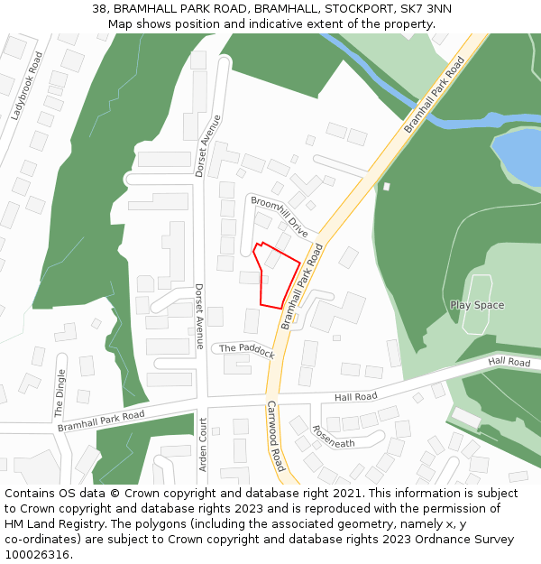 38, BRAMHALL PARK ROAD, BRAMHALL, STOCKPORT, SK7 3NN: Location map and indicative extent of plot