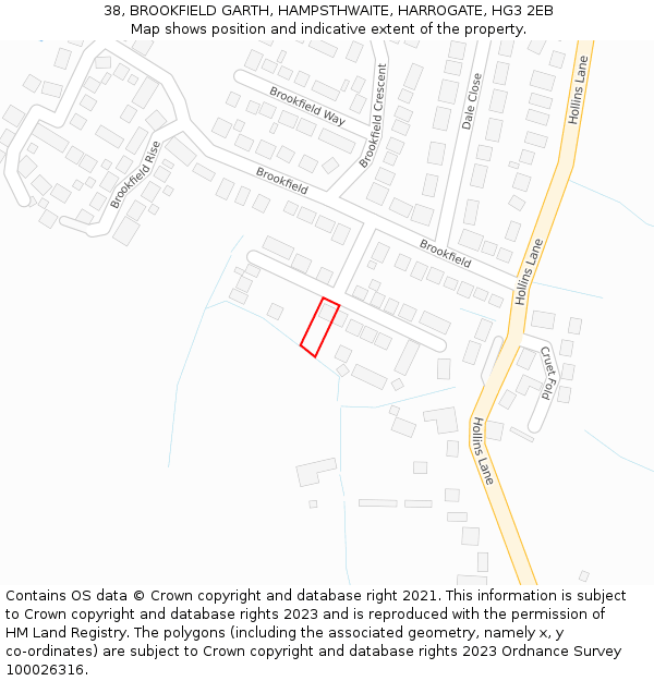 38, BROOKFIELD GARTH, HAMPSTHWAITE, HARROGATE, HG3 2EB: Location map and indicative extent of plot