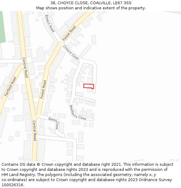 38, CHOYCE CLOSE, COALVILLE, LE67 3SS: Location map and indicative extent of plot