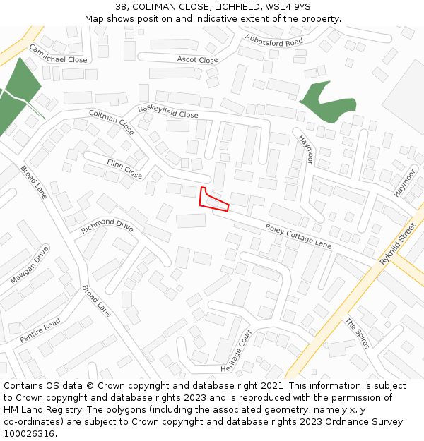 38, COLTMAN CLOSE, LICHFIELD, WS14 9YS: Location map and indicative extent of plot