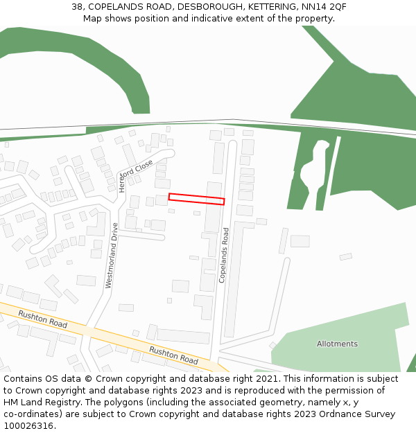 38, COPELANDS ROAD, DESBOROUGH, KETTERING, NN14 2QF: Location map and indicative extent of plot