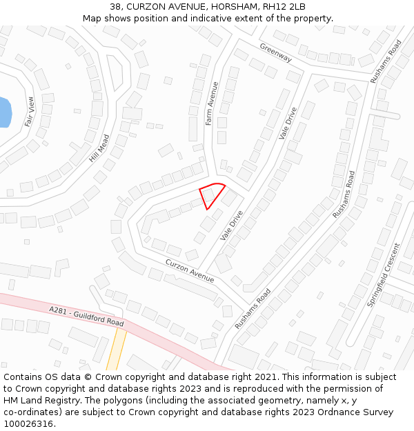 38, CURZON AVENUE, HORSHAM, RH12 2LB: Location map and indicative extent of plot