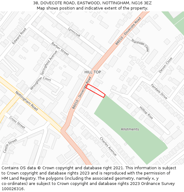 38, DOVECOTE ROAD, EASTWOOD, NOTTINGHAM, NG16 3EZ: Location map and indicative extent of plot