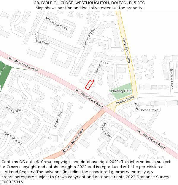 38, FARLEIGH CLOSE, WESTHOUGHTON, BOLTON, BL5 3ES: Location map and indicative extent of plot