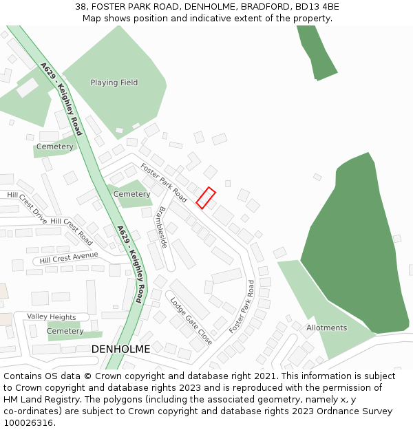 38, FOSTER PARK ROAD, DENHOLME, BRADFORD, BD13 4BE: Location map and indicative extent of plot