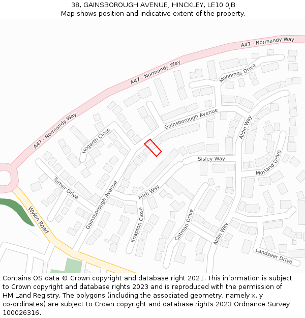 38, GAINSBOROUGH AVENUE, HINCKLEY, LE10 0JB: Location map and indicative extent of plot