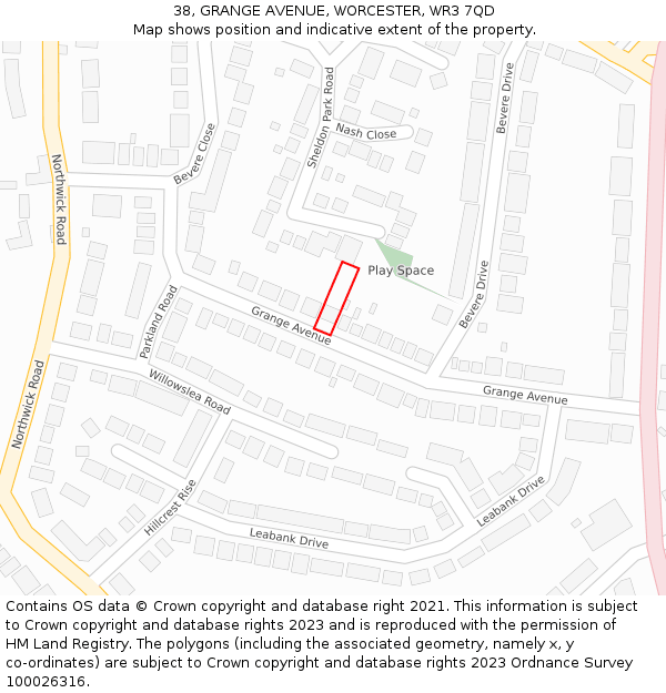 38, GRANGE AVENUE, WORCESTER, WR3 7QD: Location map and indicative extent of plot