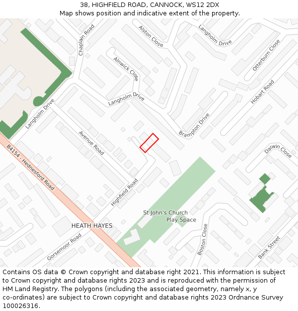 38, HIGHFIELD ROAD, CANNOCK, WS12 2DX: Location map and indicative extent of plot