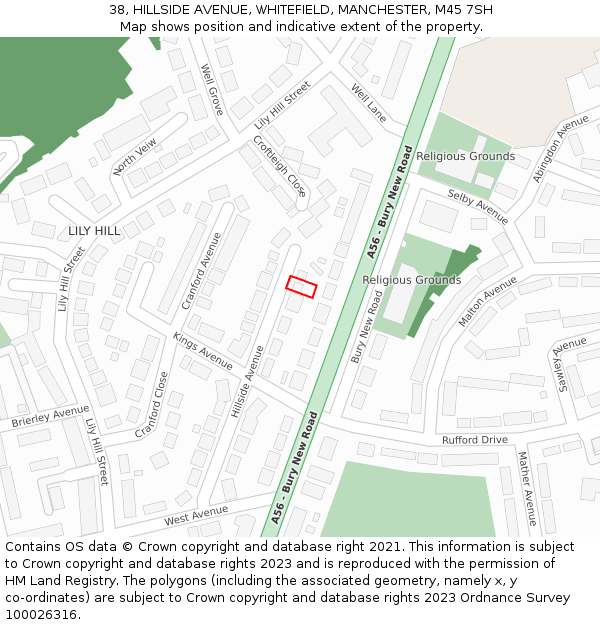 38, HILLSIDE AVENUE, WHITEFIELD, MANCHESTER, M45 7SH: Location map and indicative extent of plot